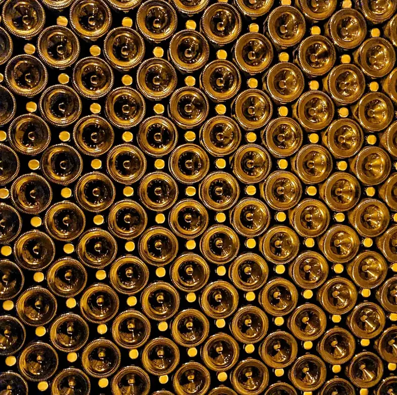 Rows of Champagne bottles stored at Taittinger in Reims