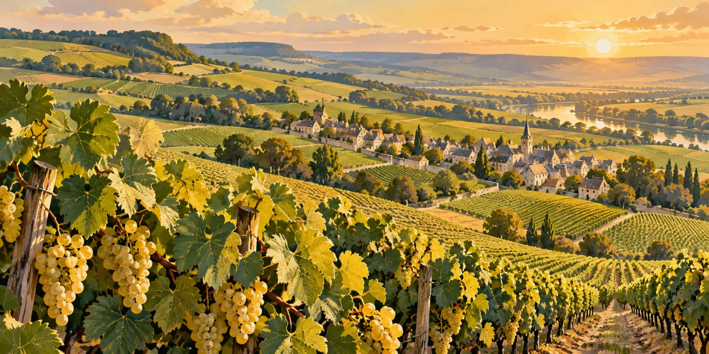 Illustrated sunlit vineyard hills